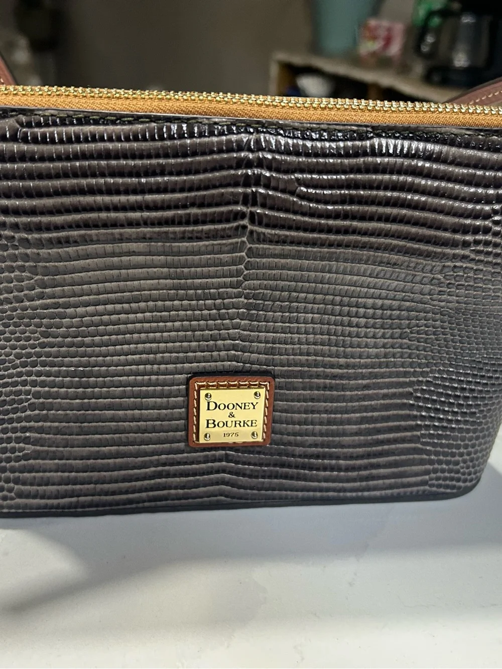 Dooney & Bourke Dark Charcoal Croc-Embossed Crossbody with Gold Trim -COA